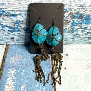 Large Blue Glass Bead Earrings with Chains